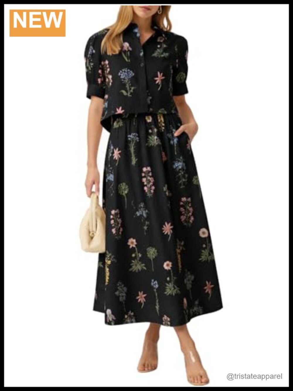 Womens 2 Piece Floral Cropped Top Maxi Skirt Matching Set Puff Sleeve